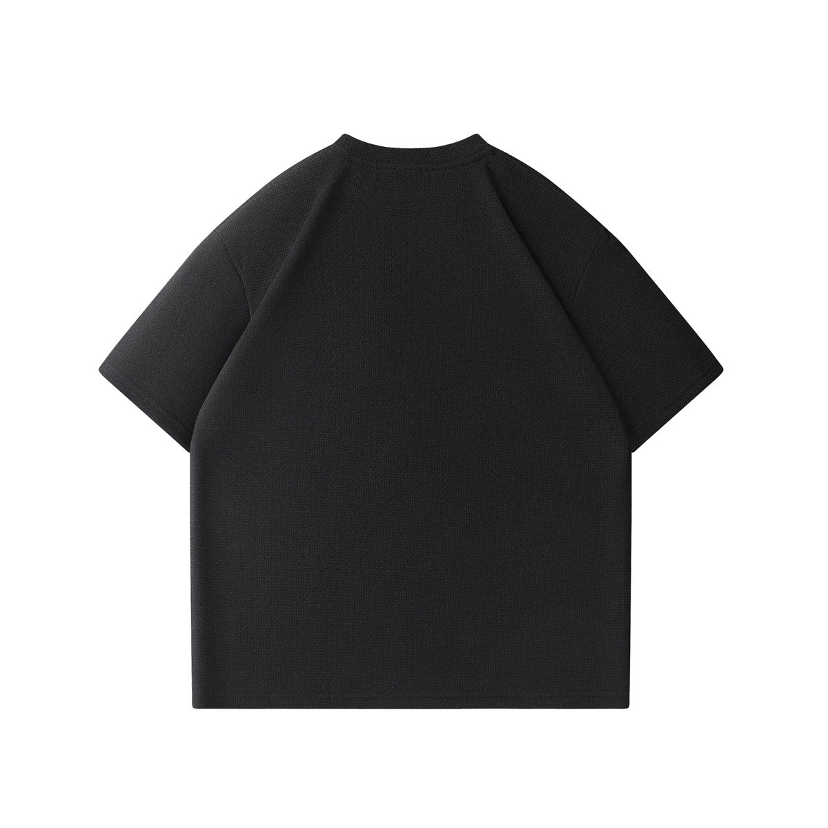 Black short-sleeve crew-neck T-shirt with textured knit fabric, flat back view