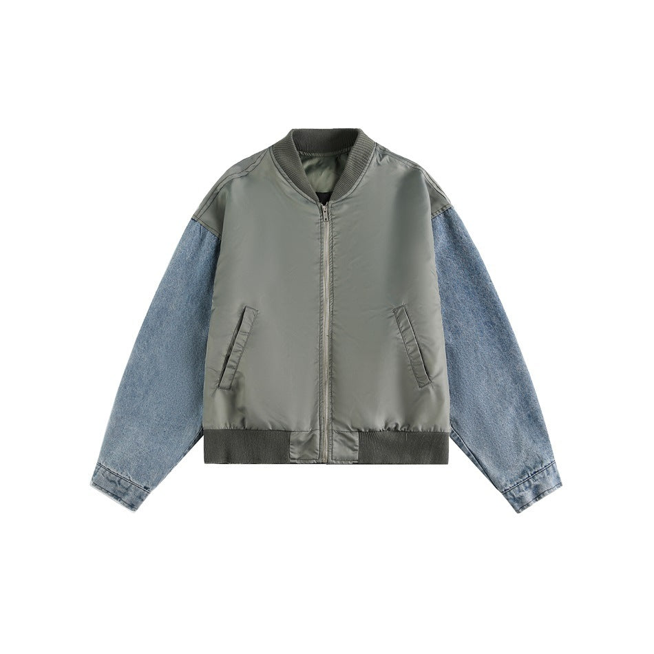 Olive-gray bomber jacket with light blue denim sleeves, ribbed collar and hem, front zipper and slanted pockets