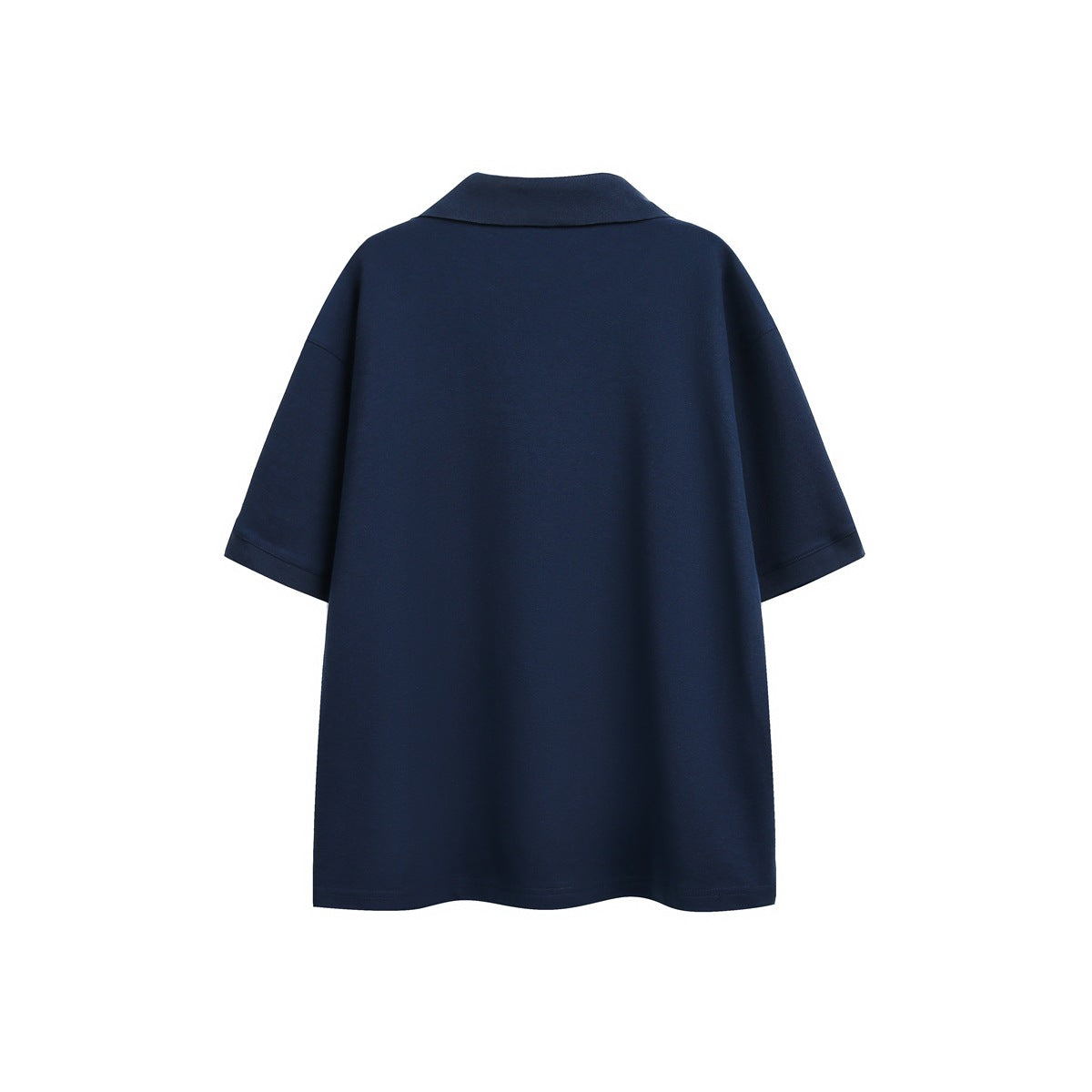 Back view of a plain dark navy short-sleeve polo shirt with a wide collar and relaxed fit on a white background.