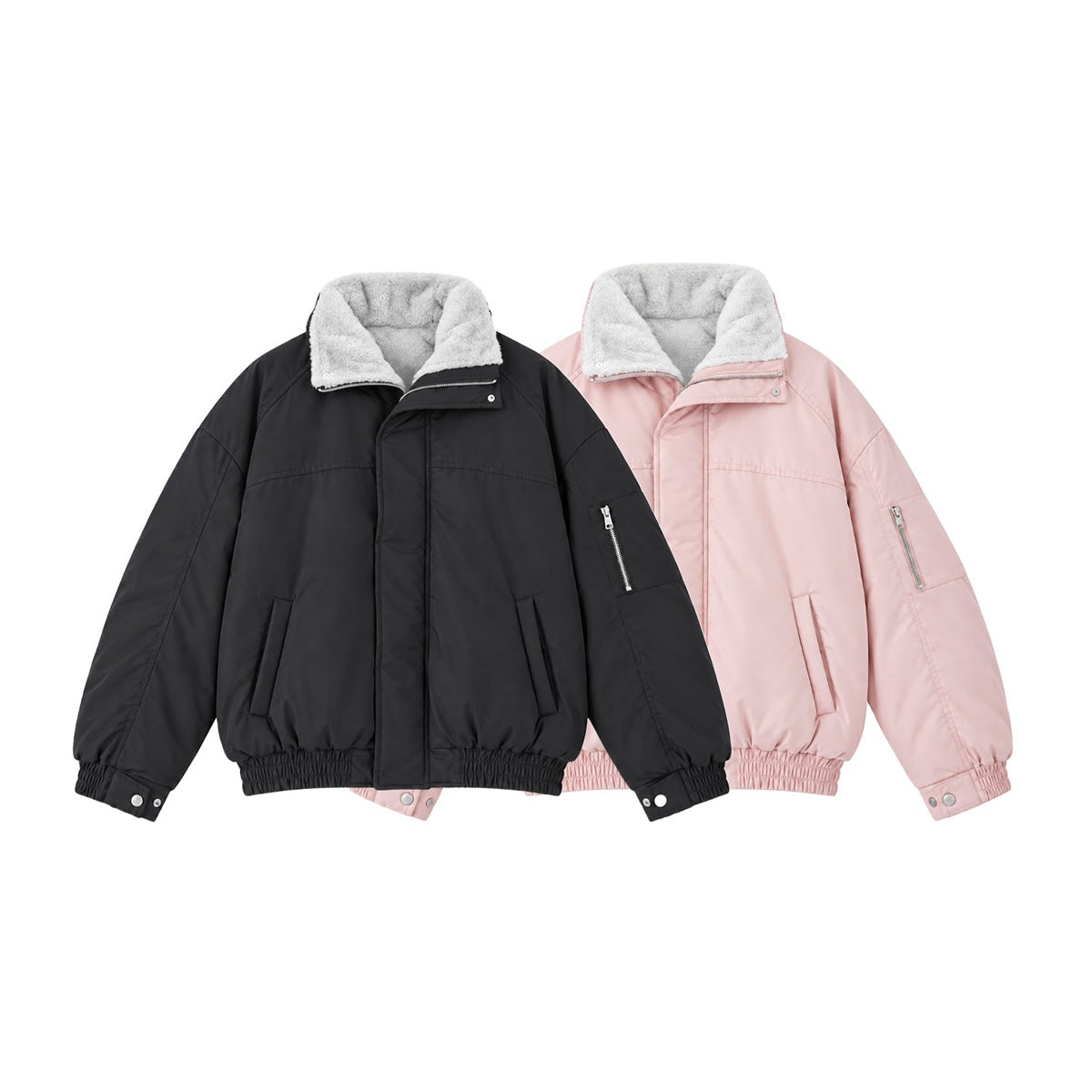 Black and pale pink jackets shown together, each with a white fleece collar and zip sleeve pocket.