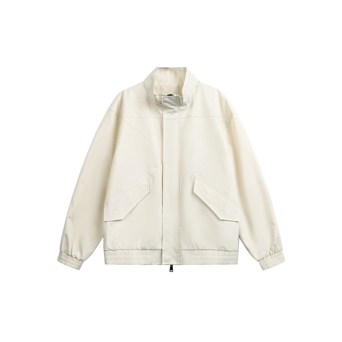 Off-white stand-collar zip jacket with angled flap pockets and elastic cuffs and hem, flat front view