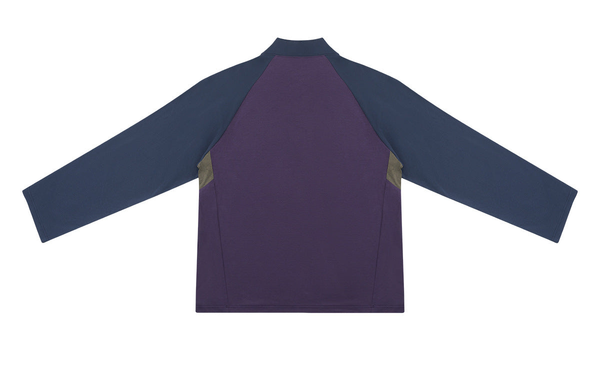 Back view of a purple pullover with navy raglan sleeves and olive side inserts.