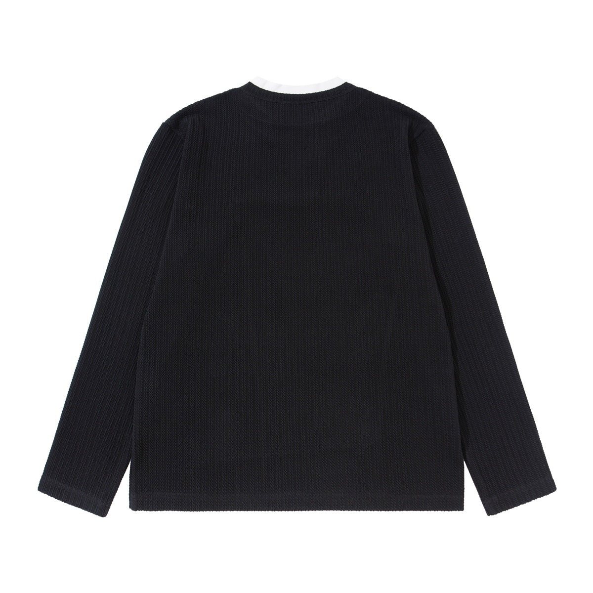 Back view of black textured long-sleeve top with white inner collar edge, flat lay
