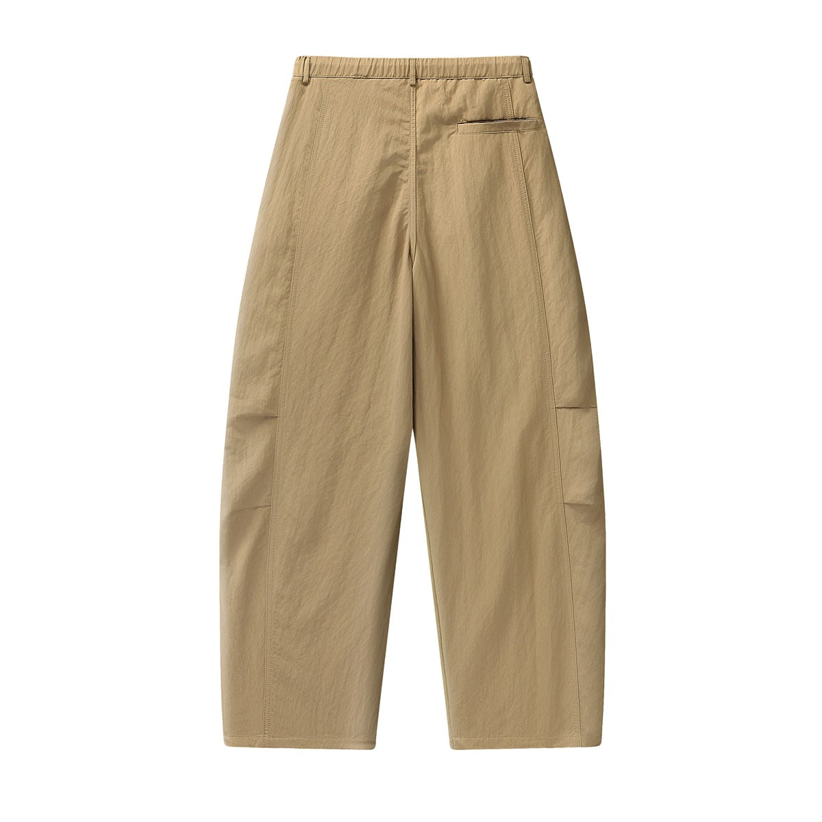 Back view of tan wide-leg trousers with a waistband, belt loops, and a single welt pocket.