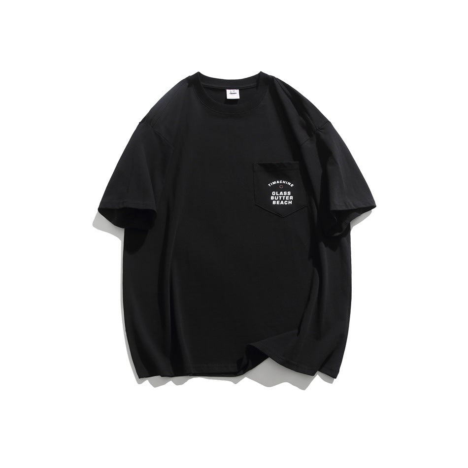 Black short-sleeve crew-neck T-shirt with chest pocket and small white text print, flat front view