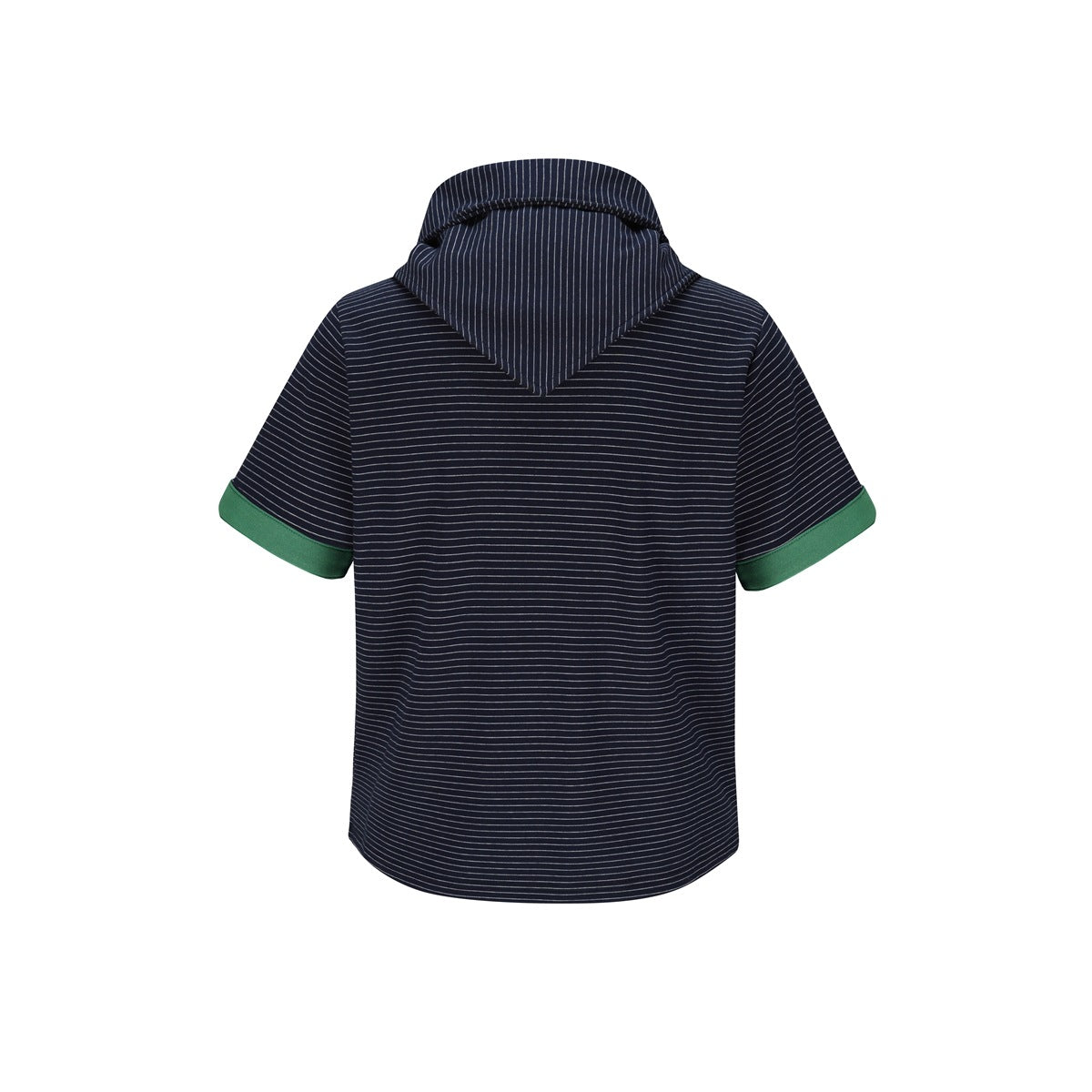 Back view of a navy short-sleeve shirt with thin white horizontal stripes, green rolled cuffs, and a draped collar.