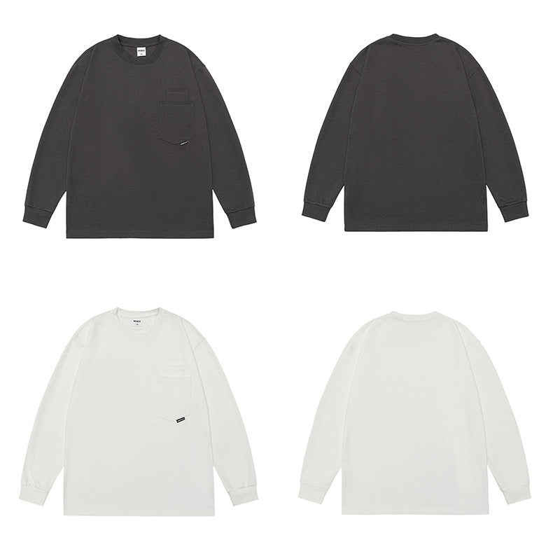 Front and back flat views of charcoal gray and white long-sleeve crewneck shirts with chest pockets.