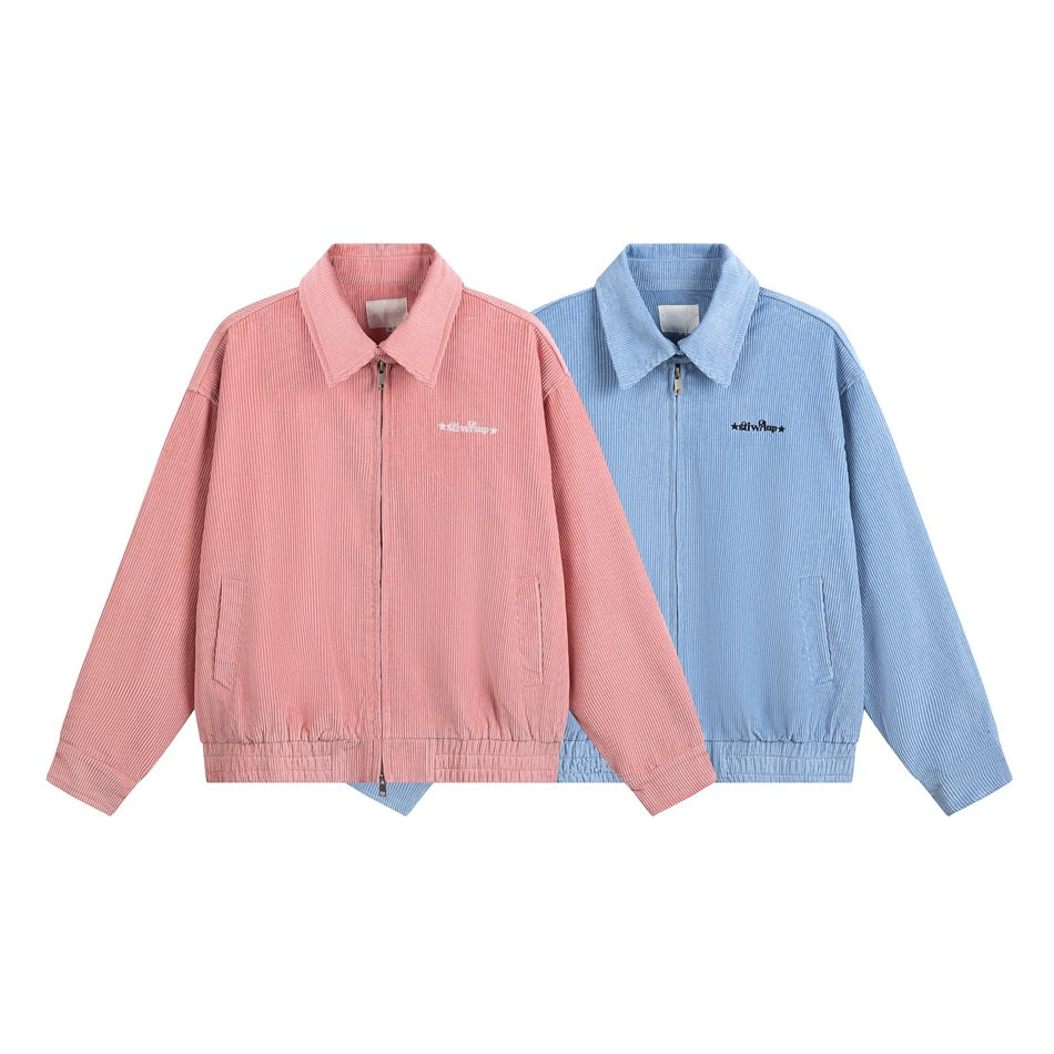 Two collared zip jackets shown together in pink and light blue, each with front pockets and an elastic hem.