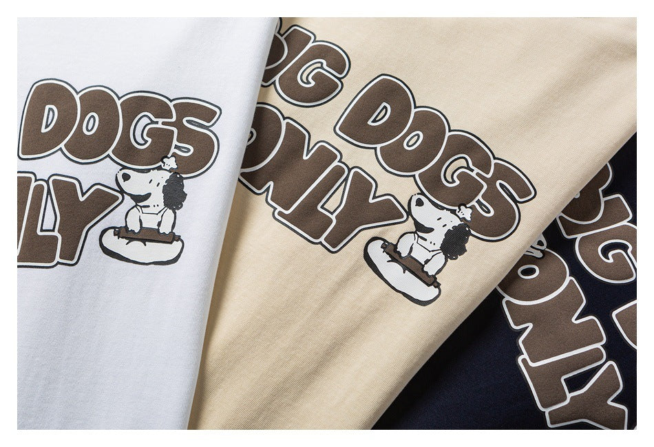 White, beige, and black T-shirts display a brown-and-white “DOGS ONLY” cartoon dog graphic.