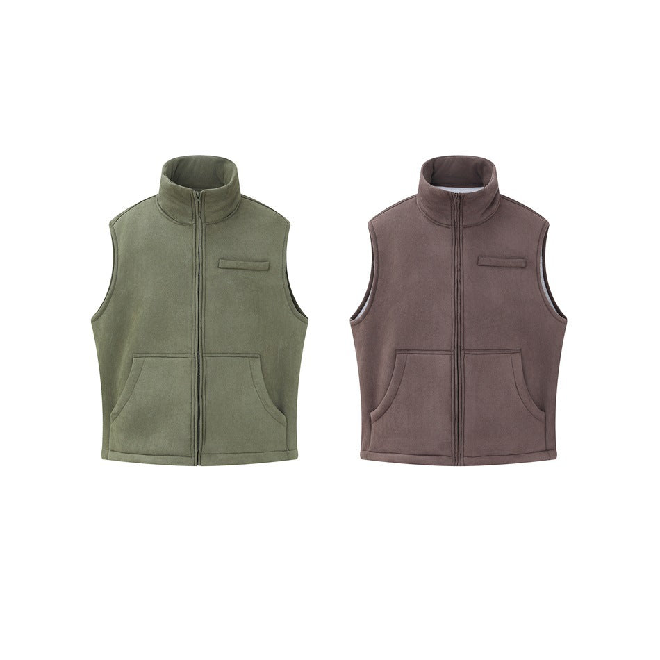 Two sleeveless zip-front vests with raised collars and pockets, shown in olive green and muted brown.