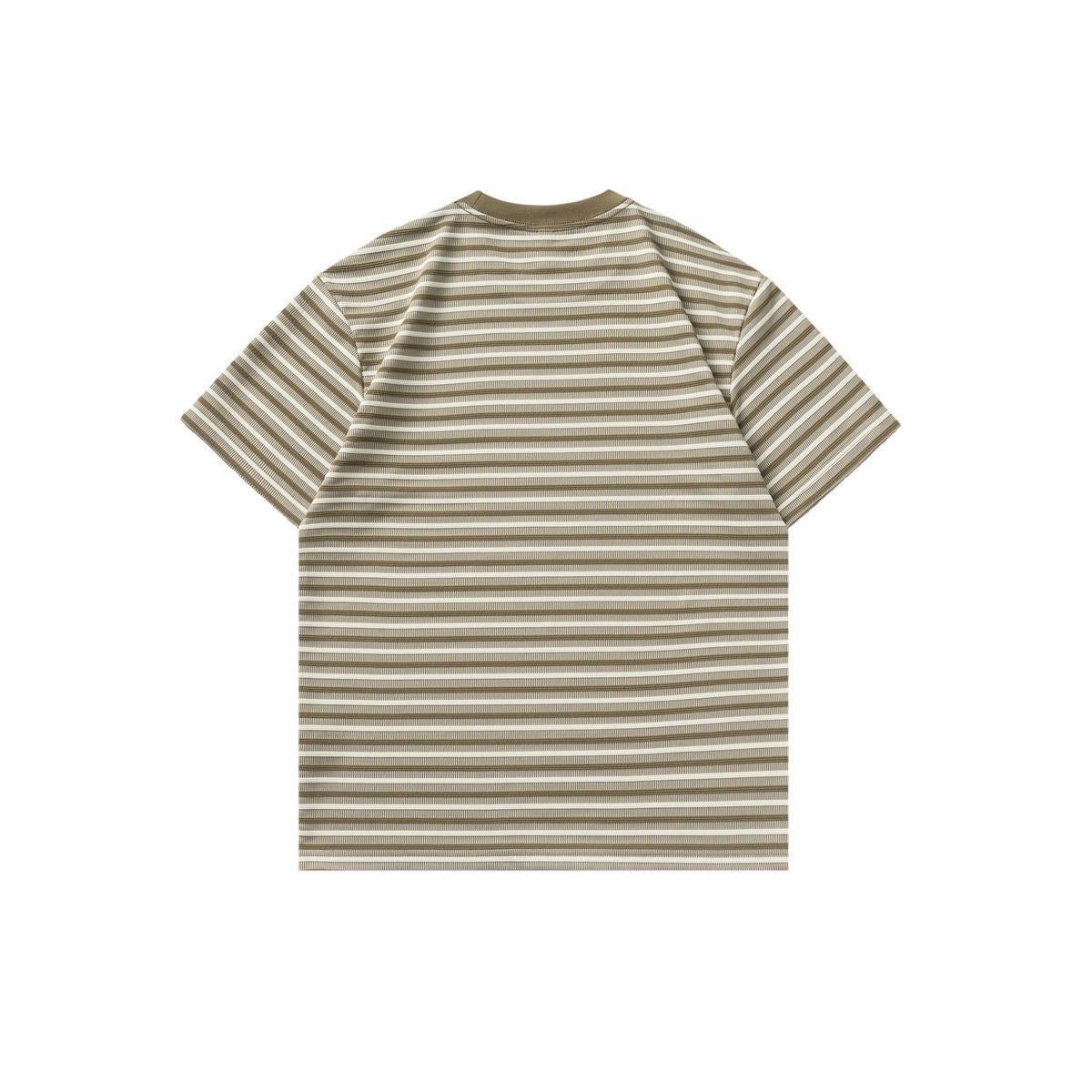 Back view of a short-sleeve brown and ivory horizontally striped T-shirt with a brown crew neck.
