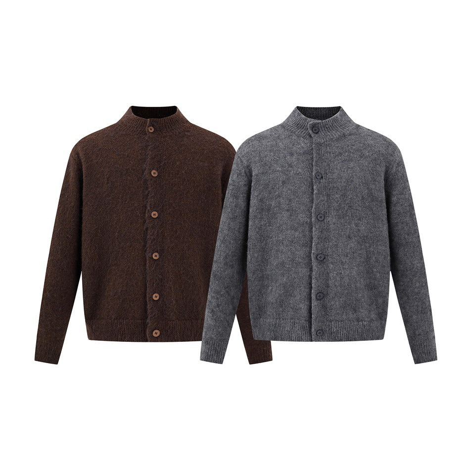 Brown and gray button-front cardigans with stand collars, long sleeves, and ribbed hems shown from the front.