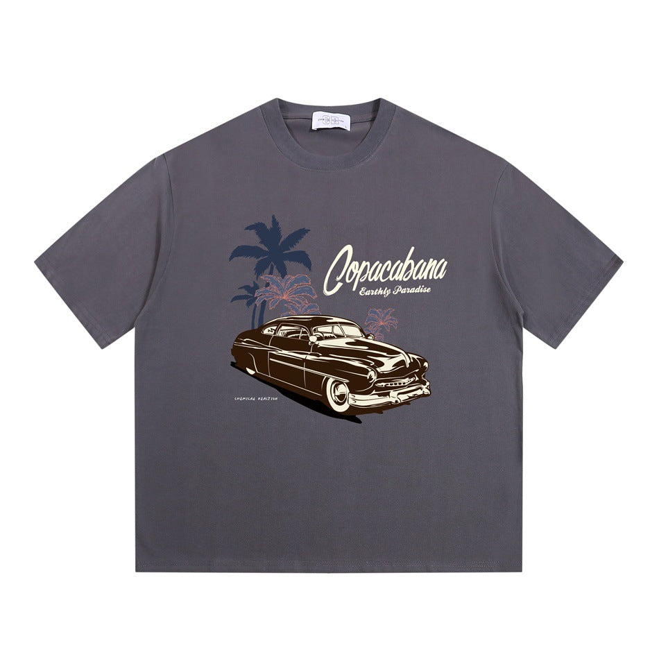 Gray short-sleeve crew neck T-shirt with vintage car, palm trees and Copacabana Earthly Paradise print