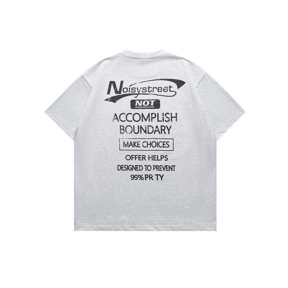 Back of heather gray short-sleeve t-shirt with distressed black text graphic, flat lay