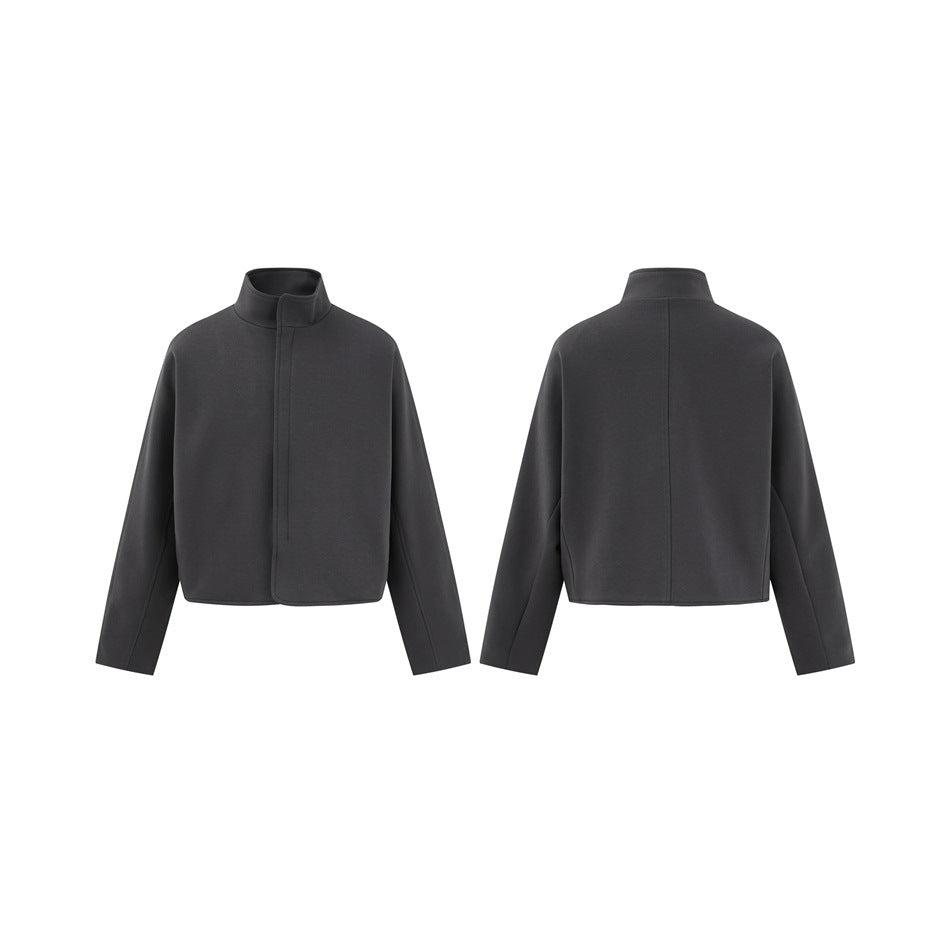 Charcoal cropped jacket shown from the front and back, with a stand collar and long sleeves.
