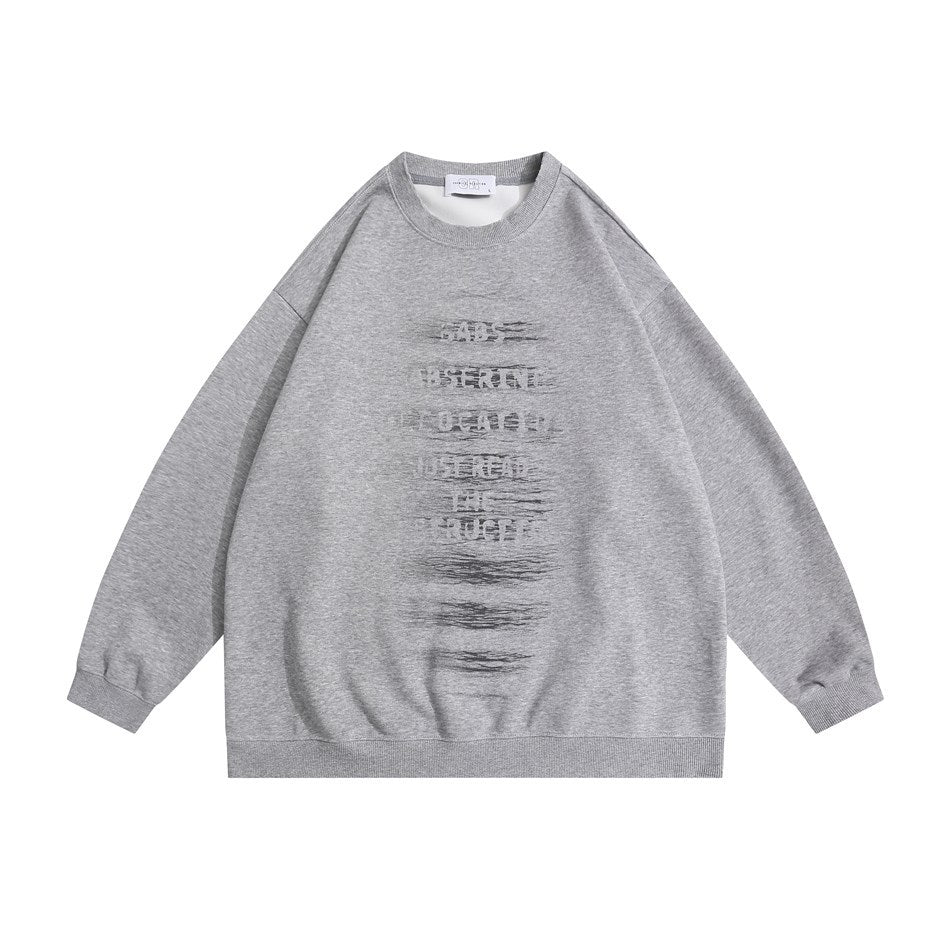 Heather light gray crewneck sweatshirt flat lay with faded stencil-style text graphic and ribbed trim