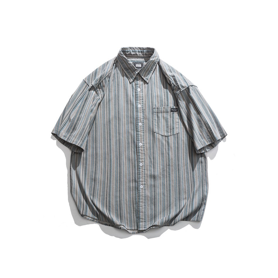 Gray vertical-striped short-sleeve button-up shirt with teal and tan stripes and chest pocket, front flat lay