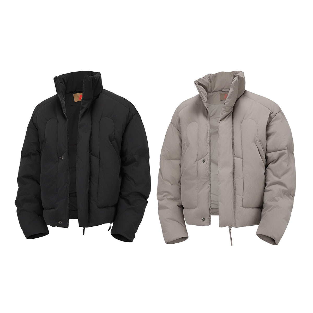Two padded jackets shown from the front, in black and taupe, with high collars and front pockets.