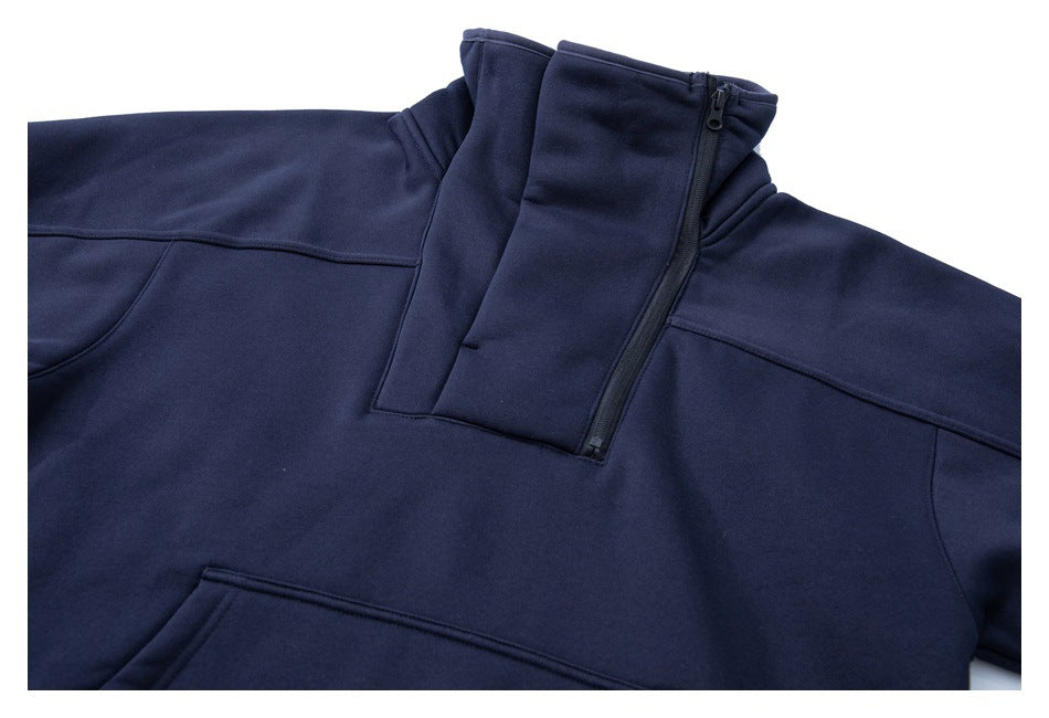 Navy quarter-zip pullover sweatshirt shown from the front, with a high collar and kangaroo pocket.