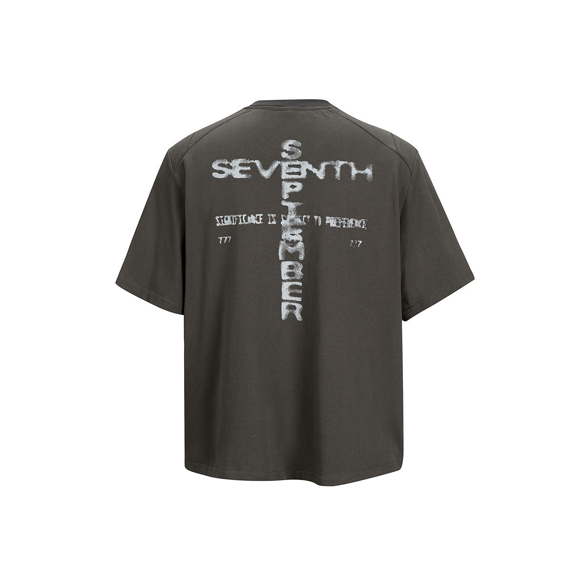Back view of a dark gray-green T-shirt with a large distressed white SEVENTH SEPTEMBER cross graphic