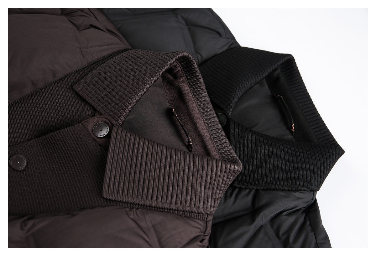 Close-up of ribbed collars and trim on dark brown-black and black quilted jackets.