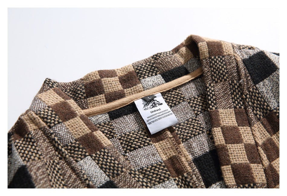 Close-up of the shirt's checkered collar and sewn-in neck label.