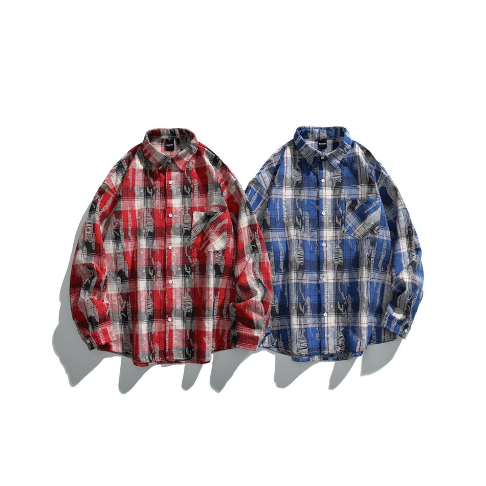 Two button-up plaid shirts displayed side by side, one red and one blue, both with black and white patterning.