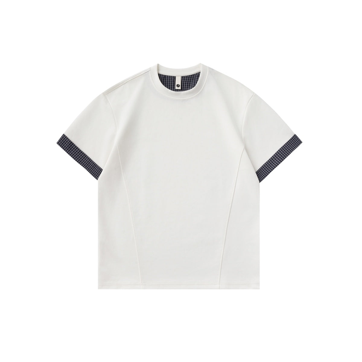 White short-sleeve crew-neck T-shirt with navy micro-check trim at inner neck and turned-up sleeve cuffs, flat front view