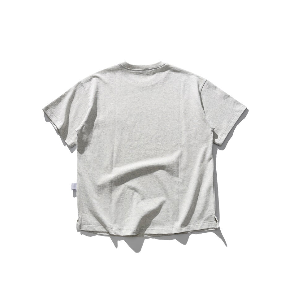 Back view of a light gray short-sleeve crew-neck T-shirt laid flat.
