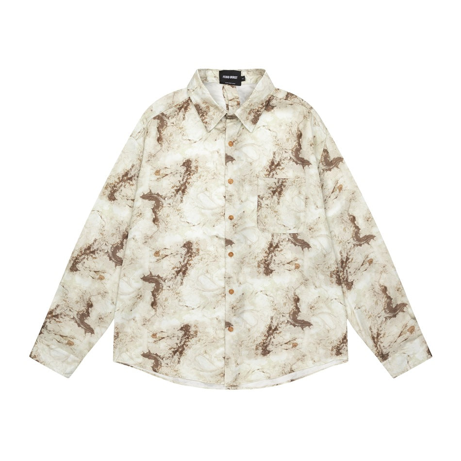 Cream and brown marbled print long-sleeve button-up shirt with chest pocket, flat front view