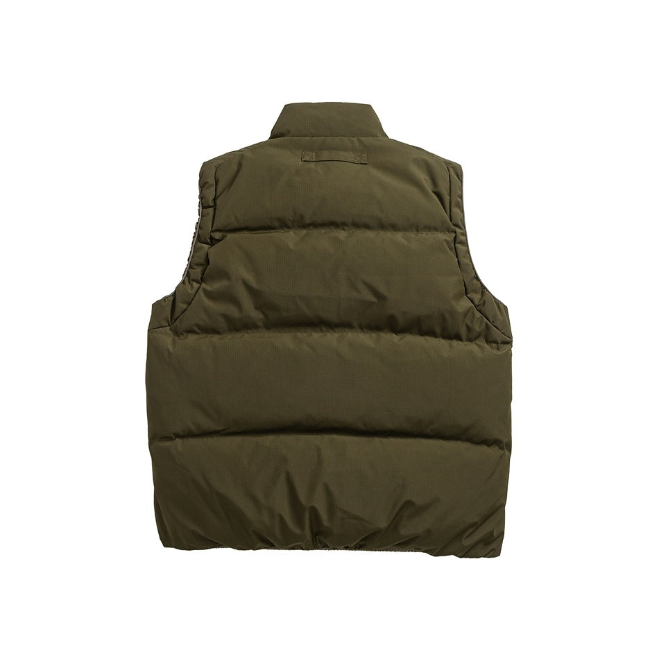 Back view of an olive sleeveless padded vest with a high collar and horizontal quilted panels.