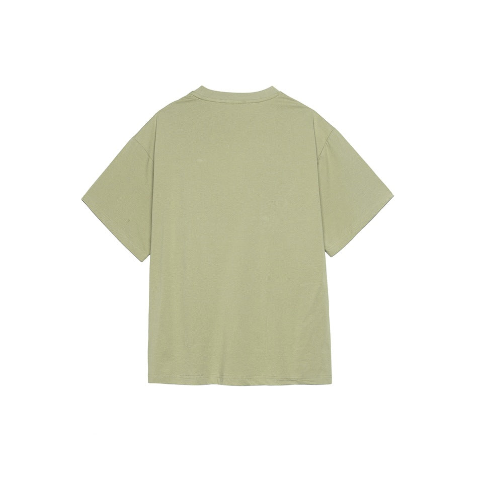 Back view of plain sage green short-sleeve crew-neck T-shirt with drop shoulders, flat lay