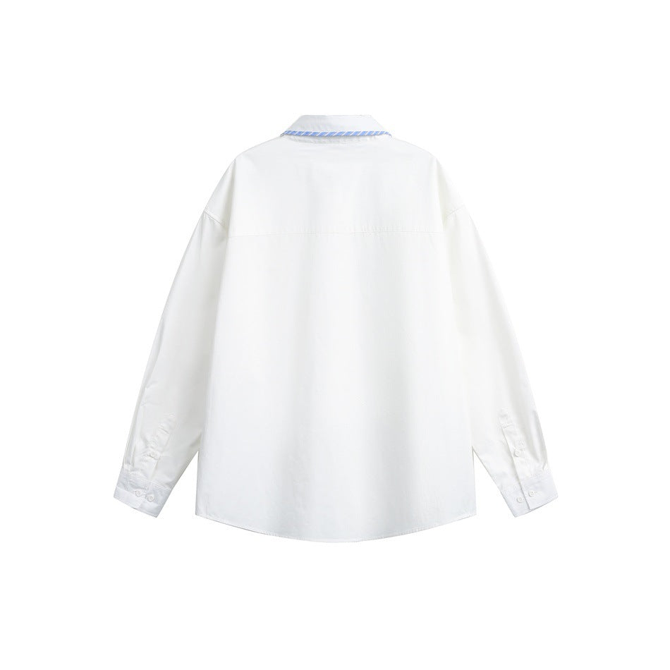 Back of a white long-sleeve button-up shirt with a blue striped collar, shown flat.