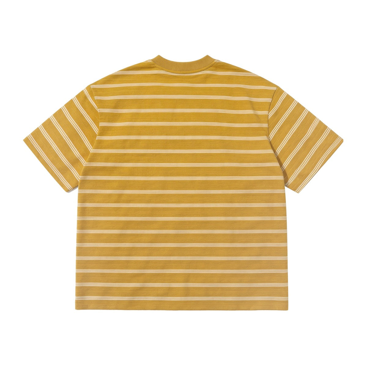 Back view of a mustard yellow crew-neck T-shirt with short sleeves and thin white horizontal stripes.