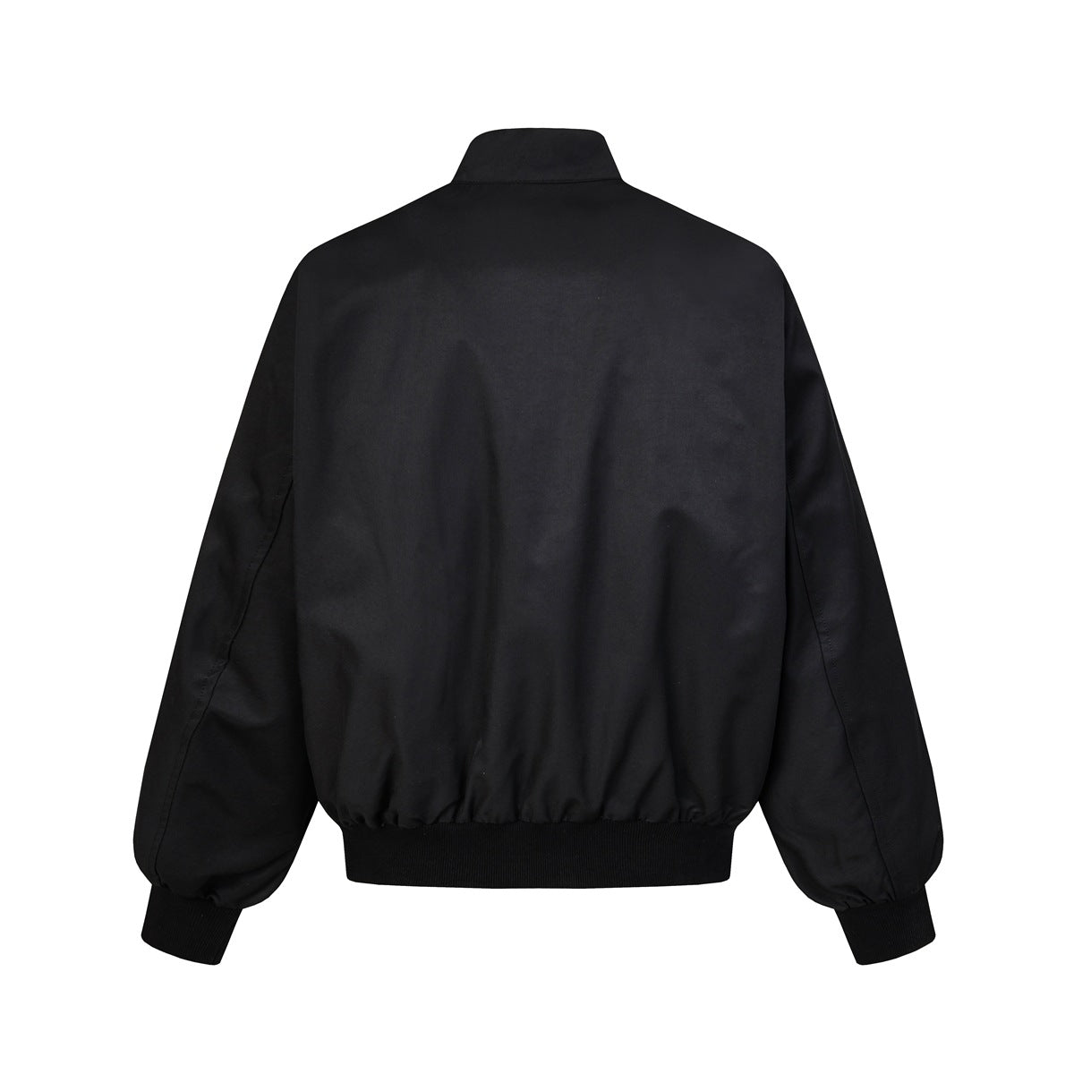 Back view of a black zip-up jacket with a stand collar, gathered sleeves, ribbed cuffs, and hem.