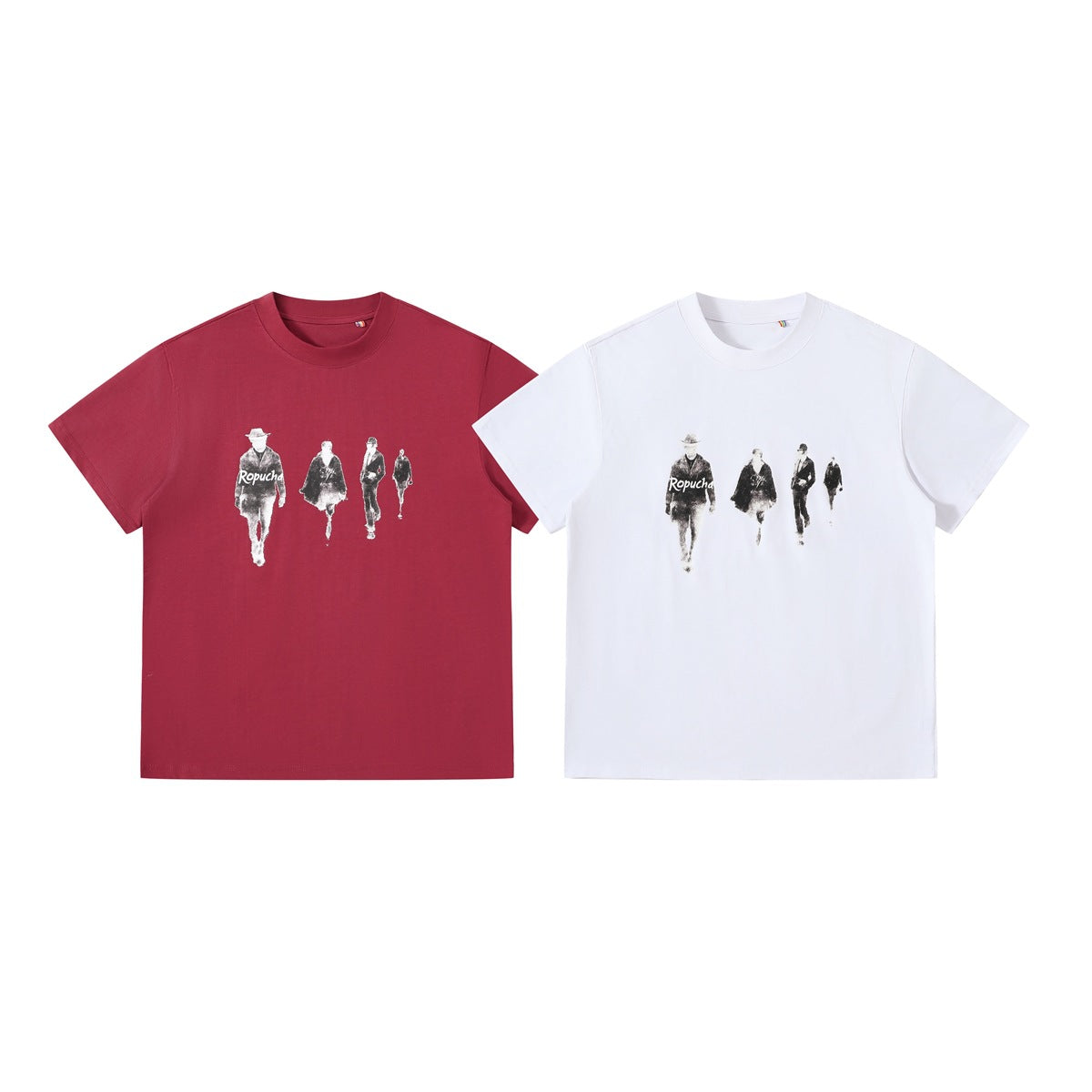 Front views of burgundy and white crew-neck T-shirts, each with a monochrome walking-figure graphic.