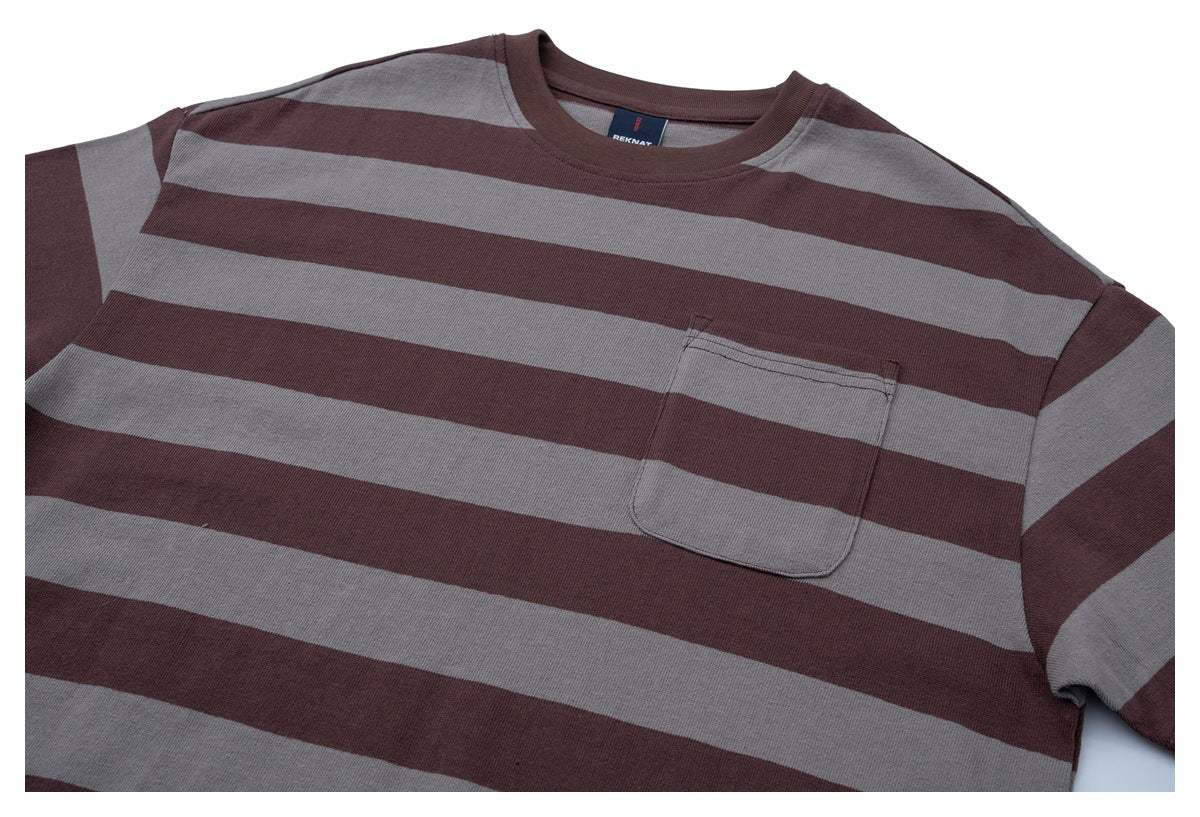 Close view of a burgundy and gray striped T-shirt front with a matching chest pocket.