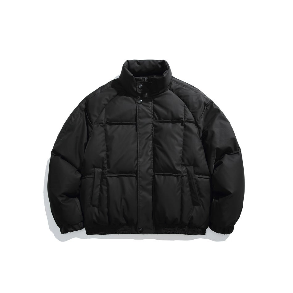 Front view of a black padded jacket with a high collar, snap placket, panel stitching, side pockets, and elastic cuffs and