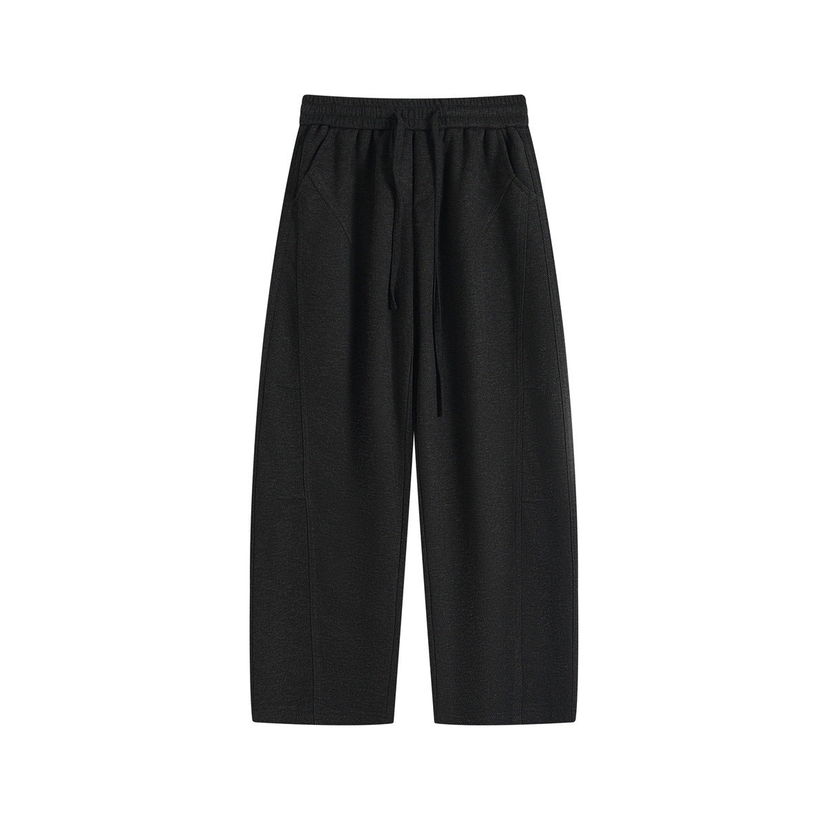 Flat-lay front view of black wide-leg drawstring pants with slanted pockets and curved leg seams