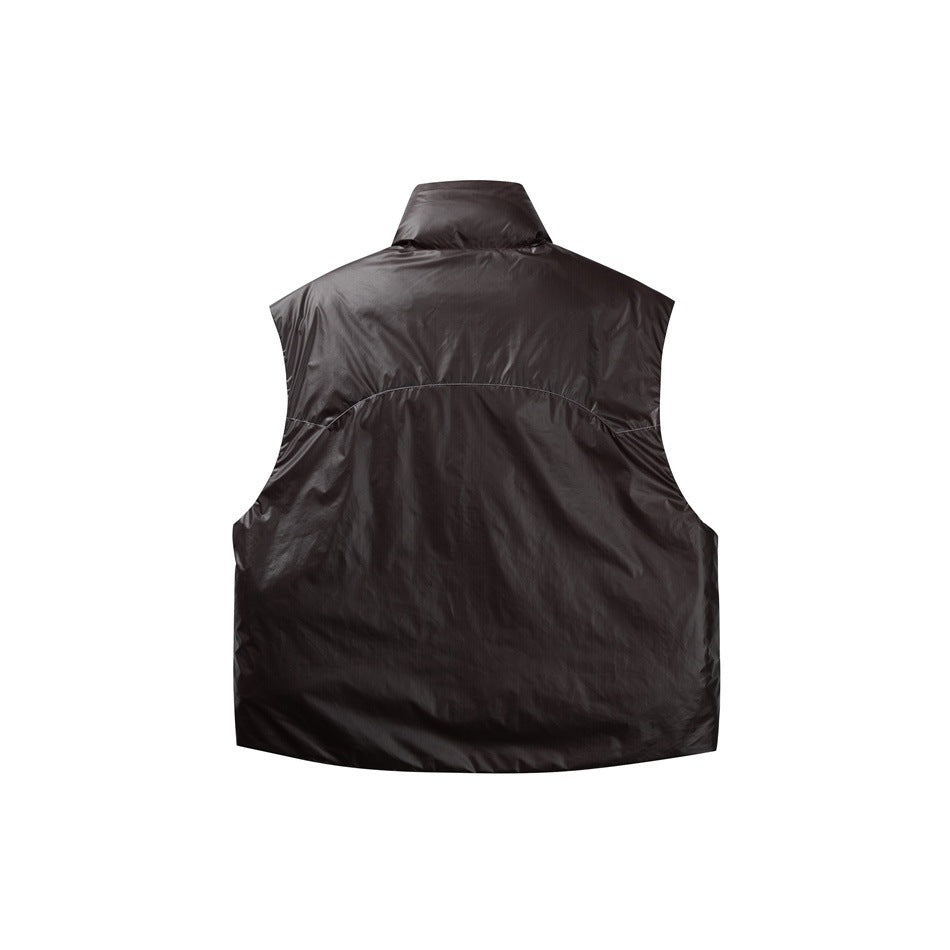 Back view of a dark charcoal sleeveless vest with a stand collar and curved upper-back seam.