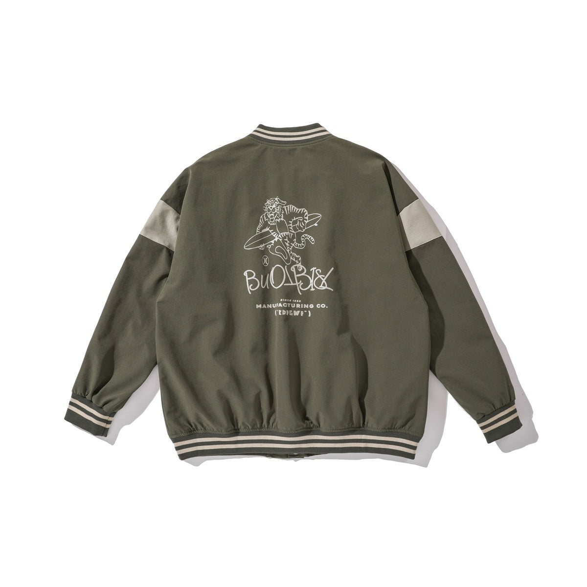 Back view of an olive varsity jacket with cream sleeve panels, striped trim and a large cream graphic.