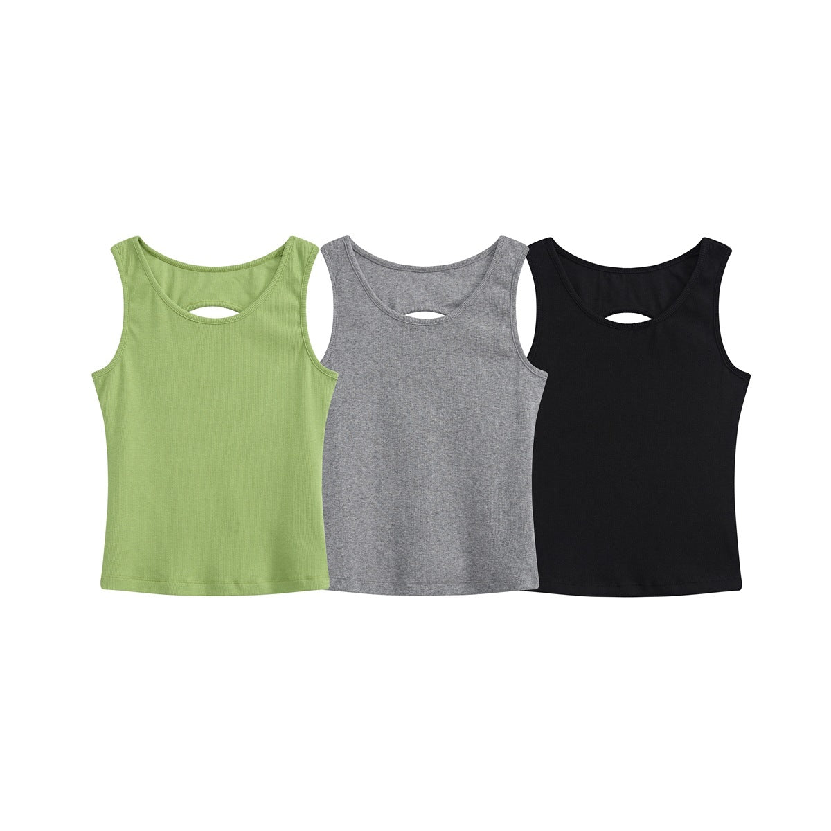 Three sleeveless ribbed tank tops with small neckline cutouts, shown in light green, gray, and black.