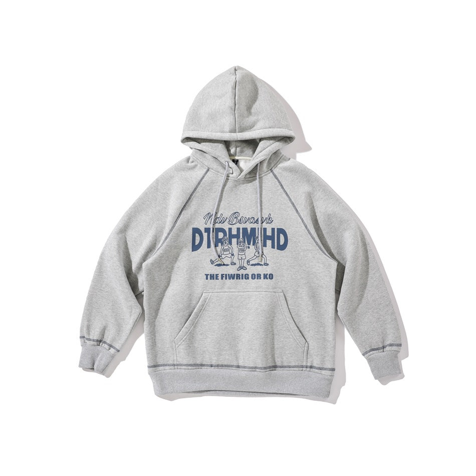 Light gray pullover hoodie flat lay with blue chest graphic, kangaroo pocket, drawstrings and ribbed cuffs