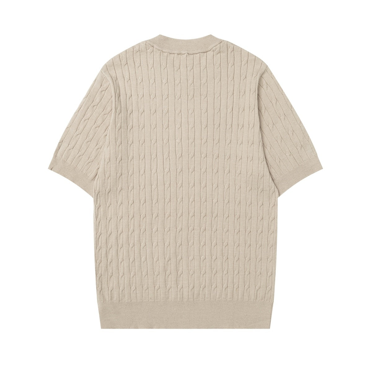 Back view of a light beige short-sleeve cable-knit top with a crew neck and ribbed trim.