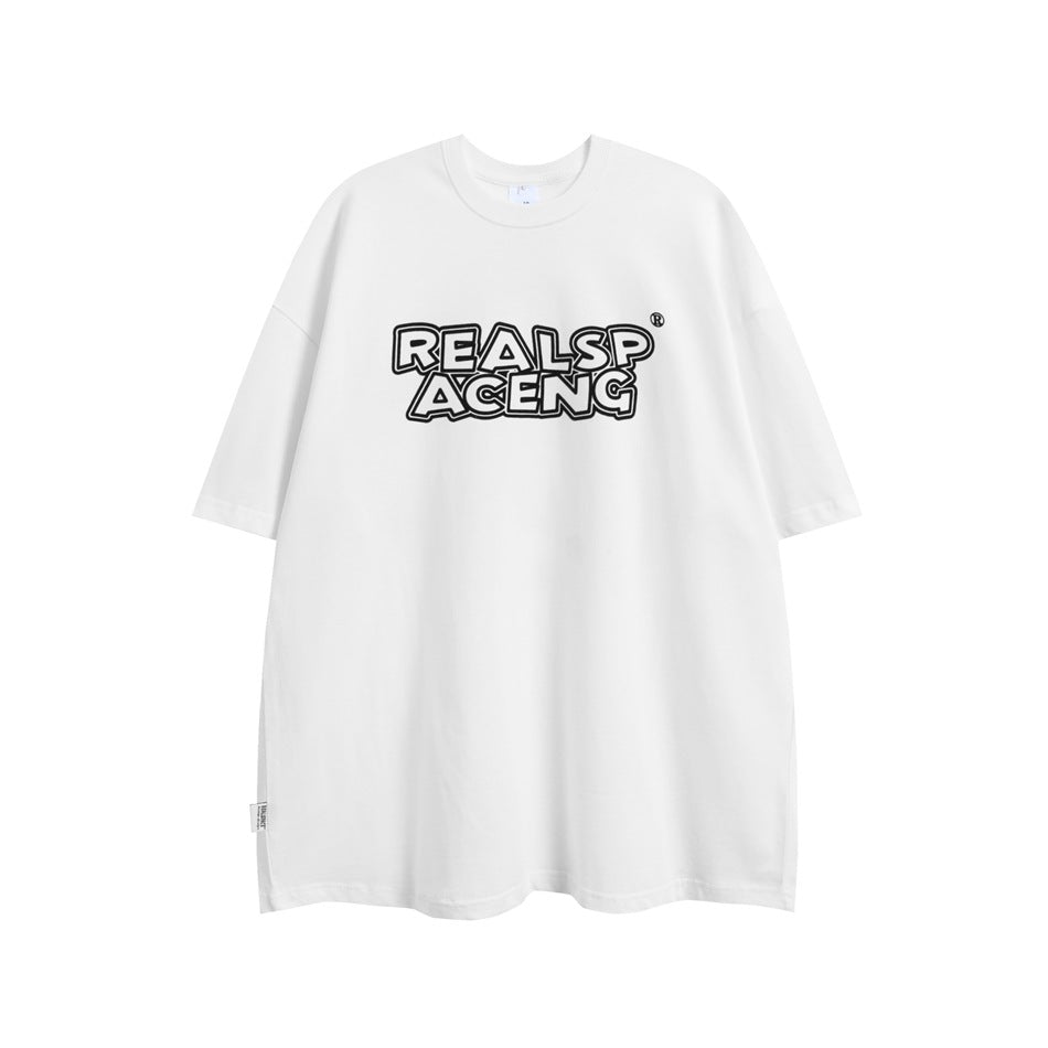 White oversized crew-neck T-shirt with short sleeves and black outlined chest lettering, shown from the front.