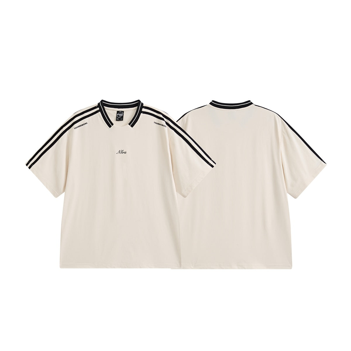 Ivory short-sleeve shirt shown from the front and back, with black shoulder stripes and striped V-neck trim.