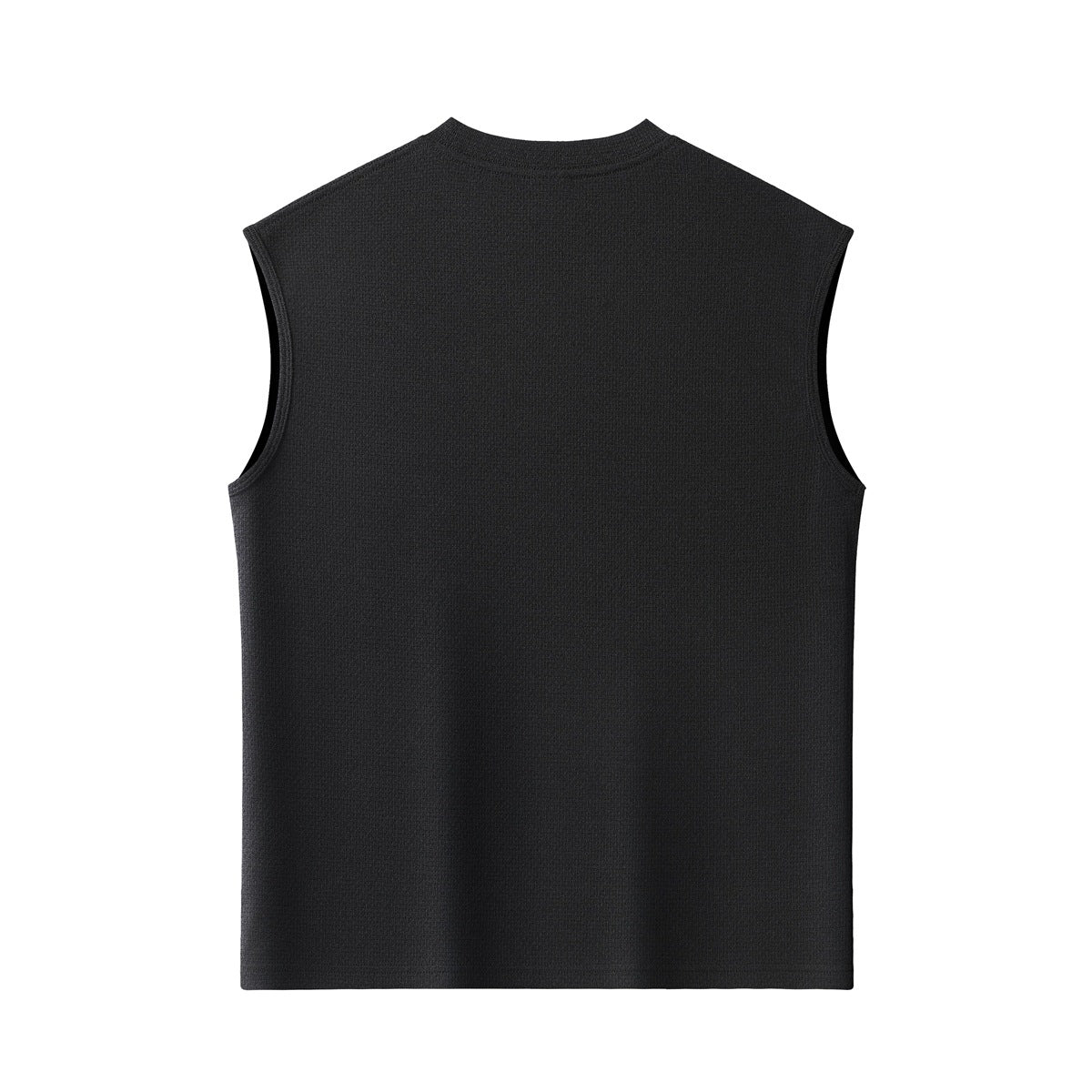 Plain black sleeveless crew-neck top shown from the back against a white background.
