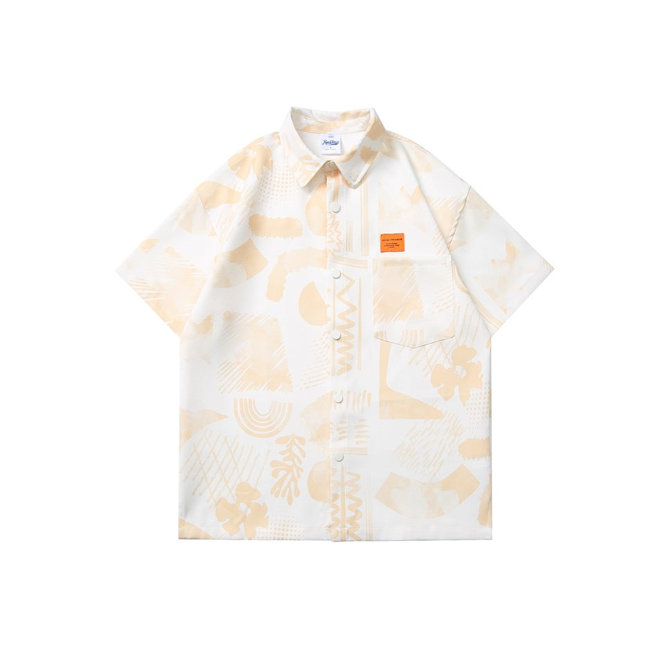 Pale peach and white abstract print short-sleeve button-up shirt with chest pocket and orange label, flat lay