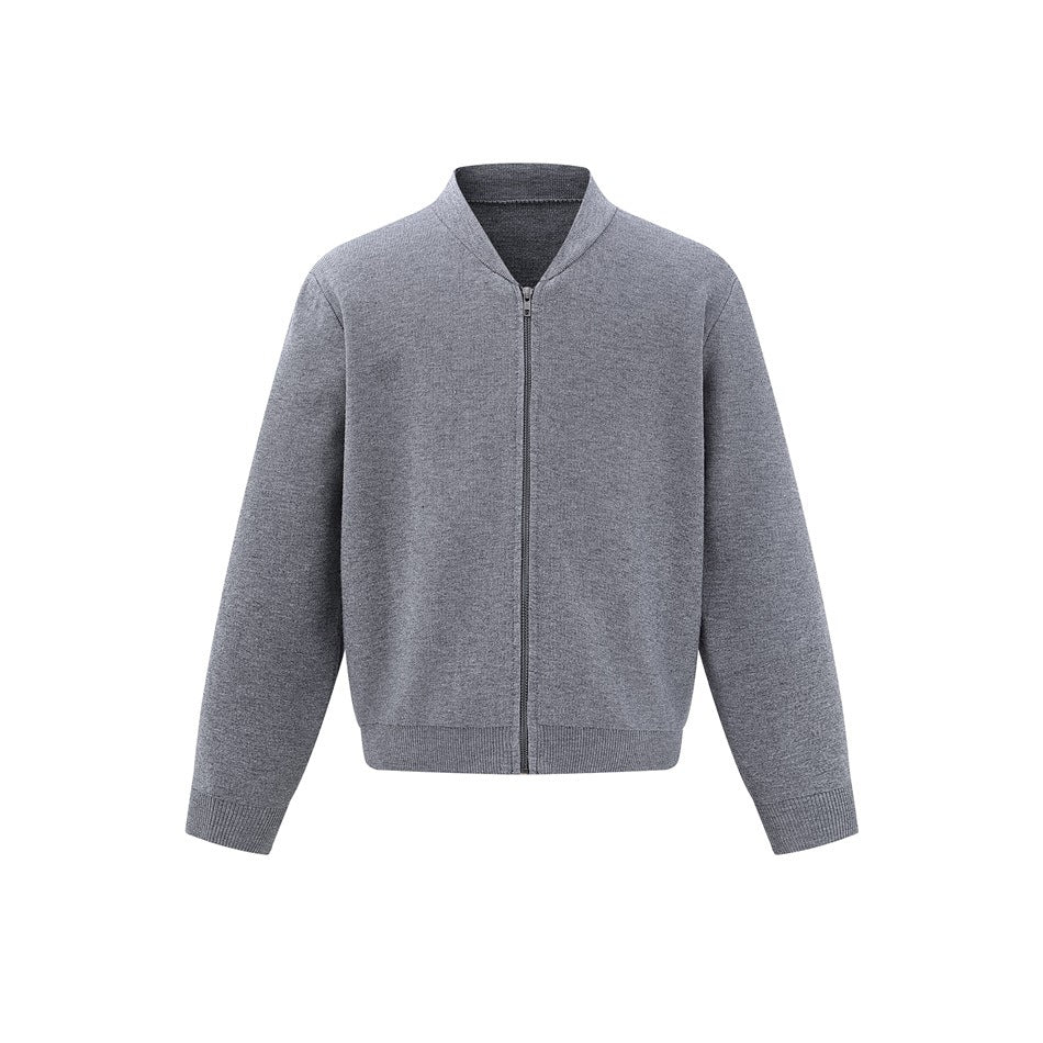 Heather gray knit bomber-style zip jacket with stand collar and ribbed cuffs and hem, front view on white background