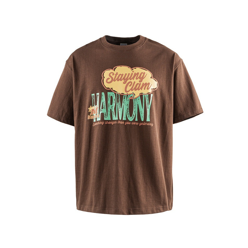 Brown short-sleeve crew-neck T-shirt with green and cream Staying Clam HARMONY graphic print on the front